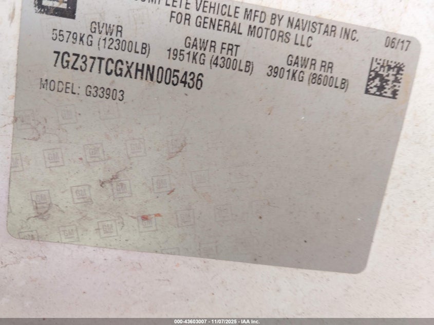 2017 GMC Savana Cutaway Work Van VIN: 7GZ37TCGXHN005436 Lot: 43603007