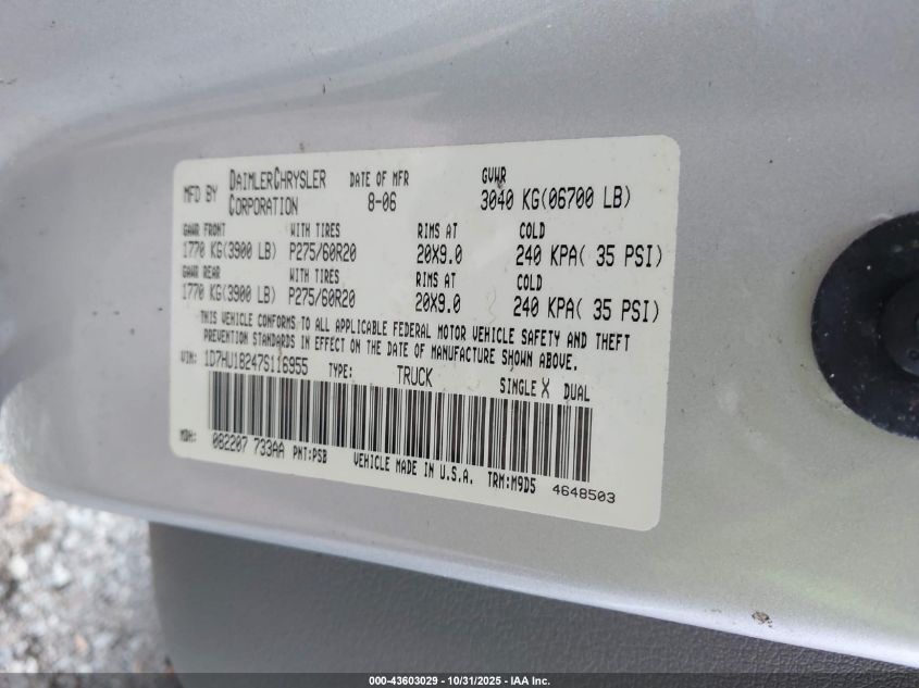 2007 Dodge Ram 1500 Slt/Trx4 Off Road/Sport VIN: 1D7HU18247S116955 Lot: 43603029