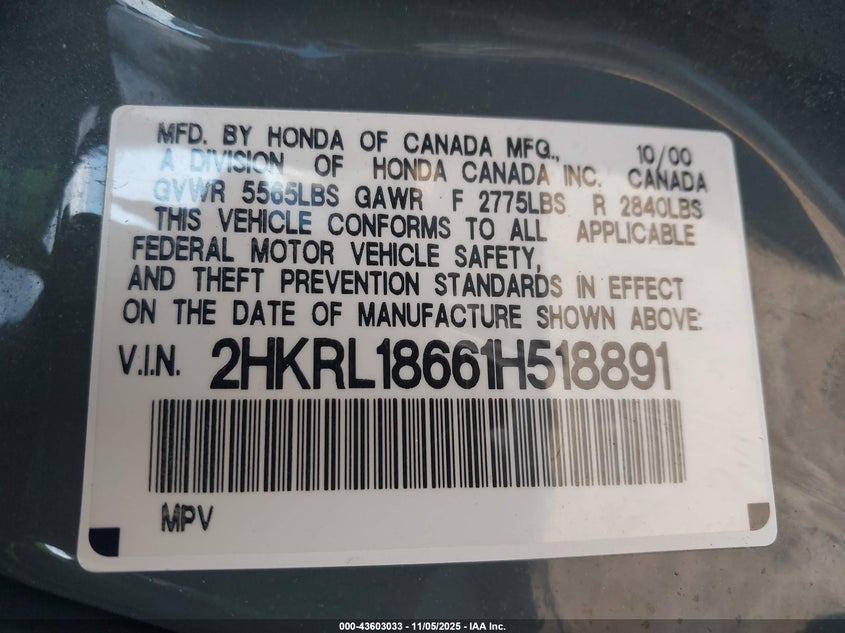 2001 Honda Odyssey Ex VIN: 2HKRL18661H518891 Lot: 43603033