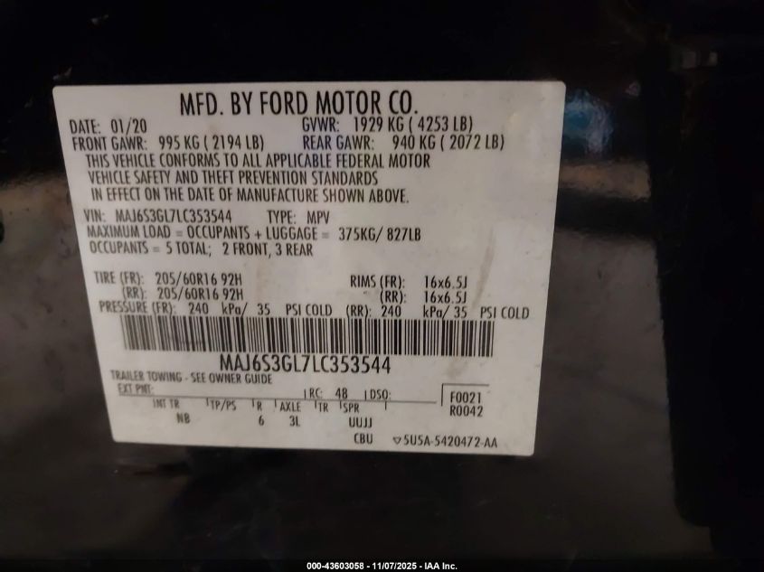 2020 Ford Ecosport Se VIN: MAJ6S3GL7LC353544 Lot: 43603058