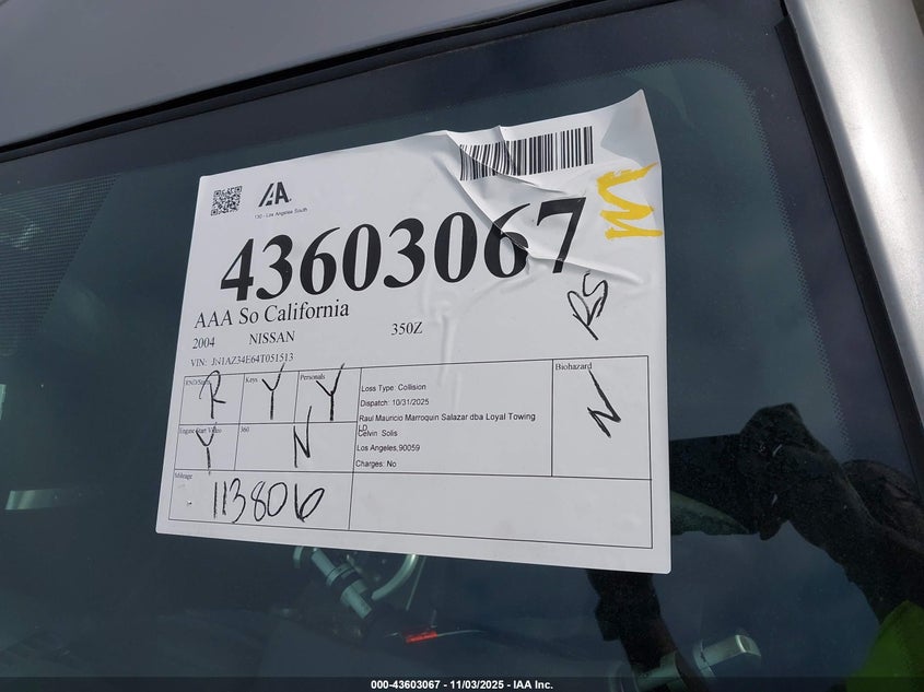 2004 Nissan 350Z Touring VIN: JN1AZ34E64T051513 Lot: 43603067