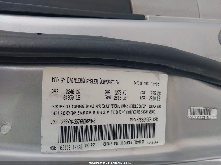 2006 Dodge Charger VIN: 2B3KA43G76H302946 Lot: 43603090