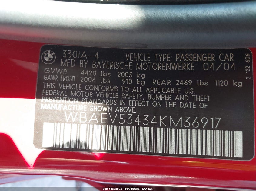 2004 BMW 330I VIN: WBAEV53434KM36917 Lot: 43603094