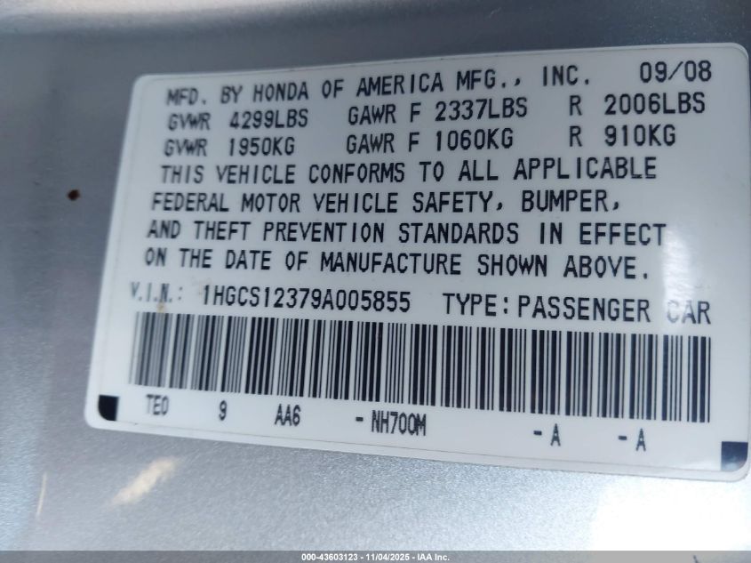 2009 Honda Accord 2.4 Lx-S VIN: 1HGCS12379A005855 Lot: 43603123