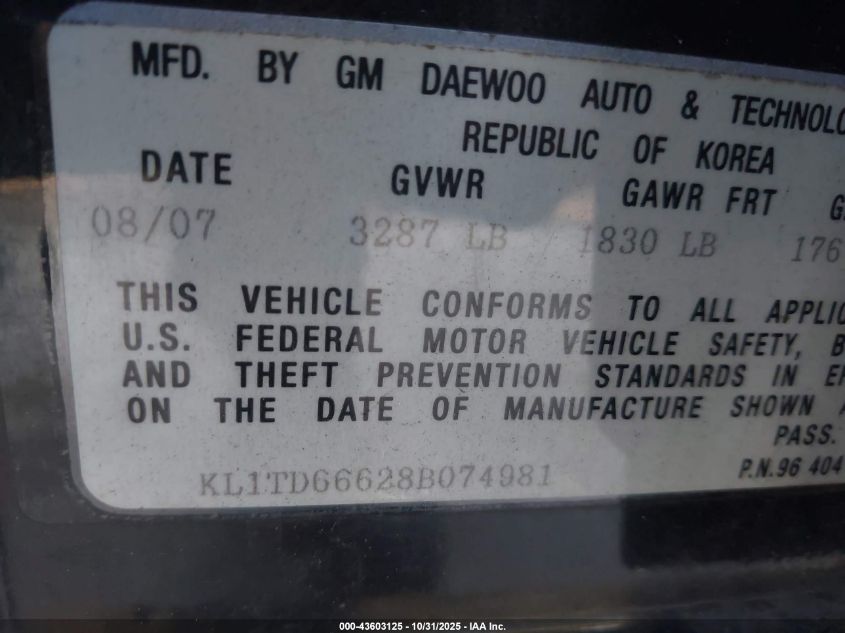 2008 Chevrolet Aveo 5 Ls VIN: KL1TD66628B074981 Lot: 43603125