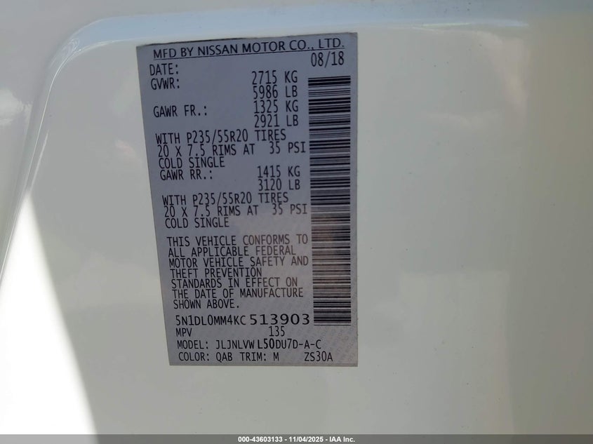 2019 Infiniti Qx60 Luxe VIN: 5N1DL0MM4KC513903 Lot: 43603133