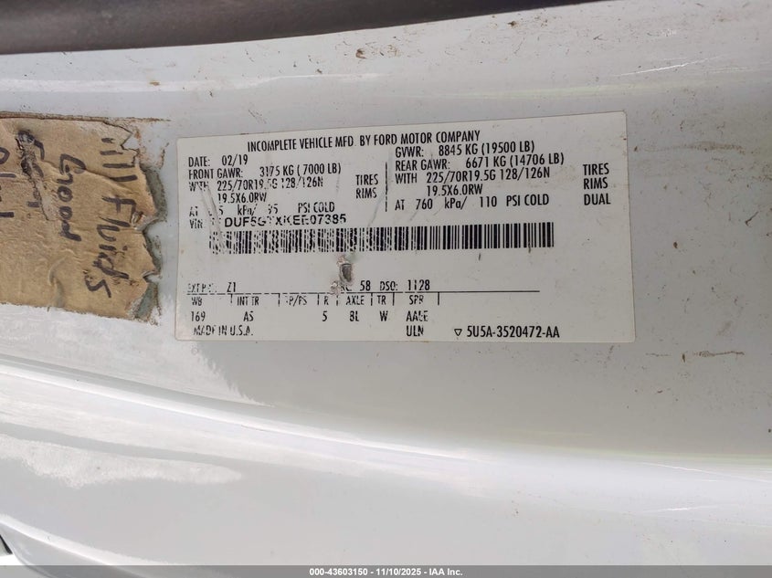 2019 Ford F-550 Chassis Xl VIN: 1FDUF5GTXKEE07385 Lot: 43603150