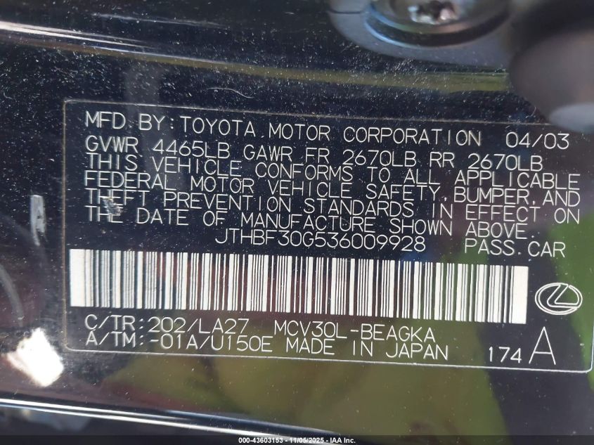 2003 Lexus Es 300 VIN: JTHBF30G536009928 Lot: 43603153