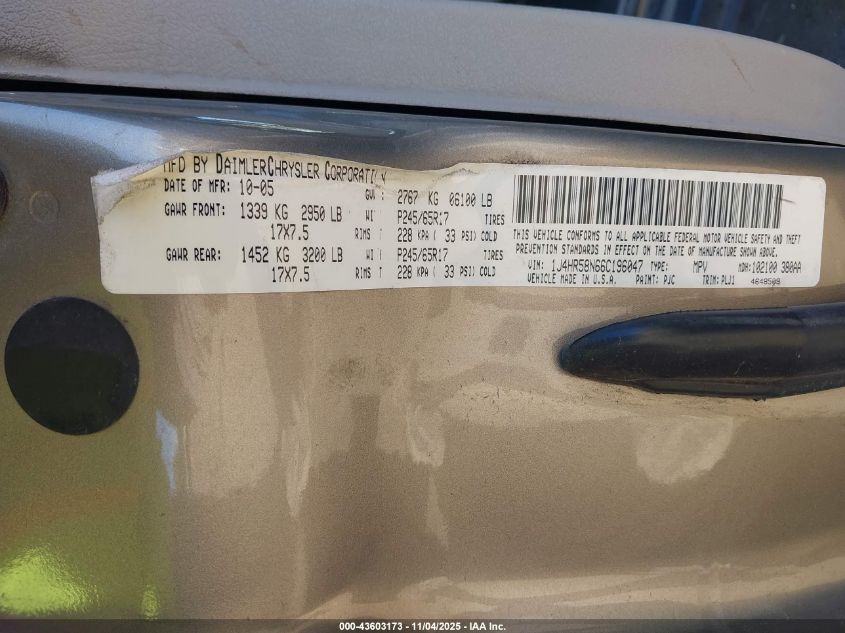 2006 Jeep Grand Cherokee Limited VIN: 1J4HR58N66C196047 Lot: 43603173