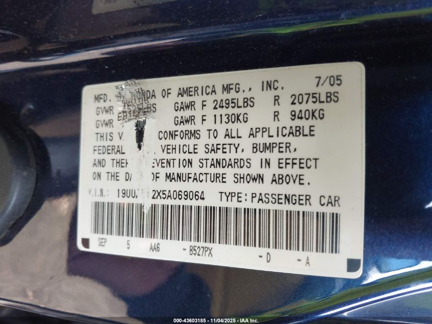 2005 Acura Tl VIN: 19UUA662X5A069064 Lot: 43603185