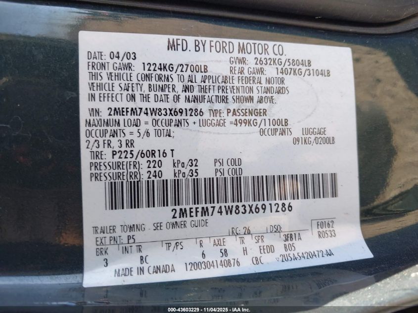 2003 Mercury Grand Marquis Gs VIN: 2MEFM74W83X691286 Lot: 43603229