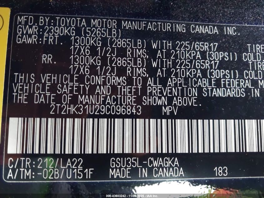 2009 Lexus Rx 350 VIN: 2T2HK31429C096843 Lot: 43603242