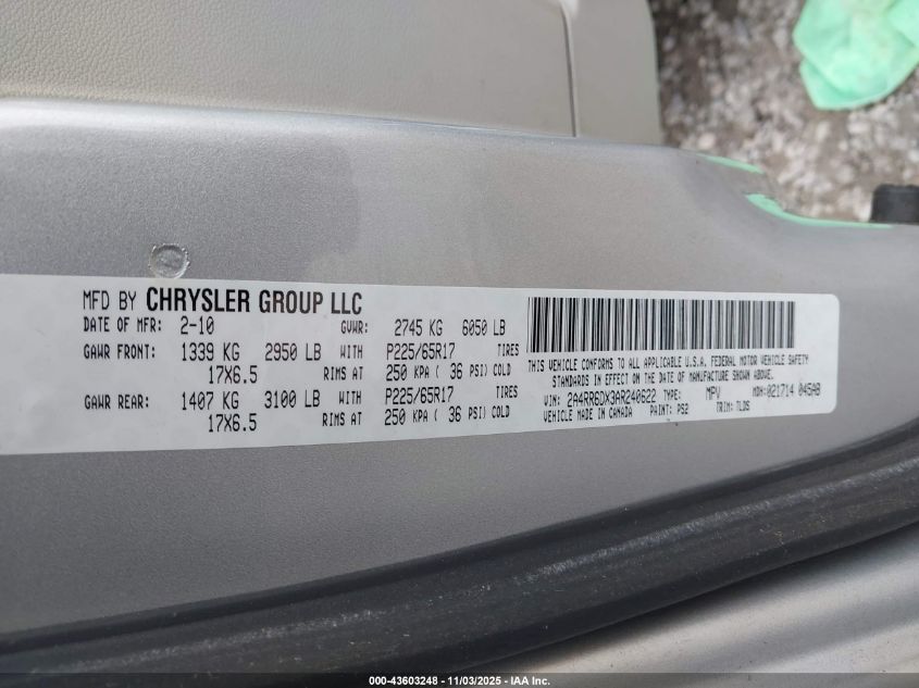 2010 Chrysler Town & Country Limited VIN: 2A4RR6DX3AR240622 Lot: 43603248