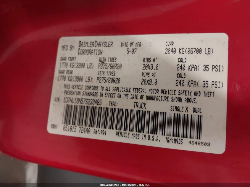 2007 Dodge Ram 1500 Slt/Trx4 Off Road/Sport VIN: 1D7HU18N57S233485 Lot: 43603263