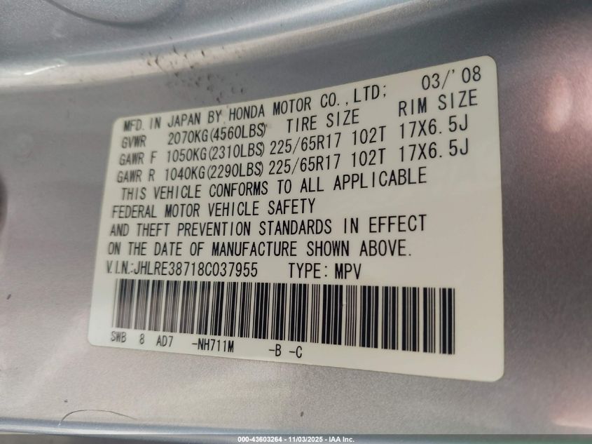 2008 Honda Cr-V Ex-L VIN: JHLRE38718C037955 Lot: 43603264
