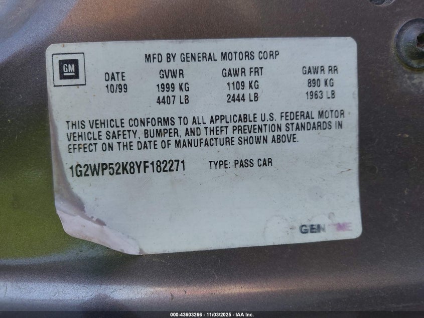 2000 Pontiac Grand Prix Gt VIN: 1G2WP52K8YF182271 Lot: 43603266