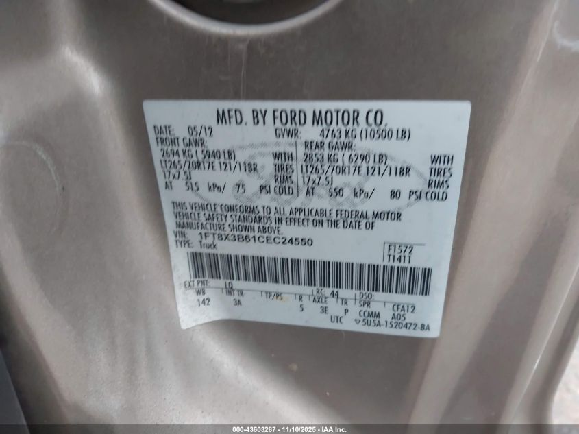 2012 Ford F-350 Xlt VIN: 1FT8X3B61CEC24550 Lot: 43603287