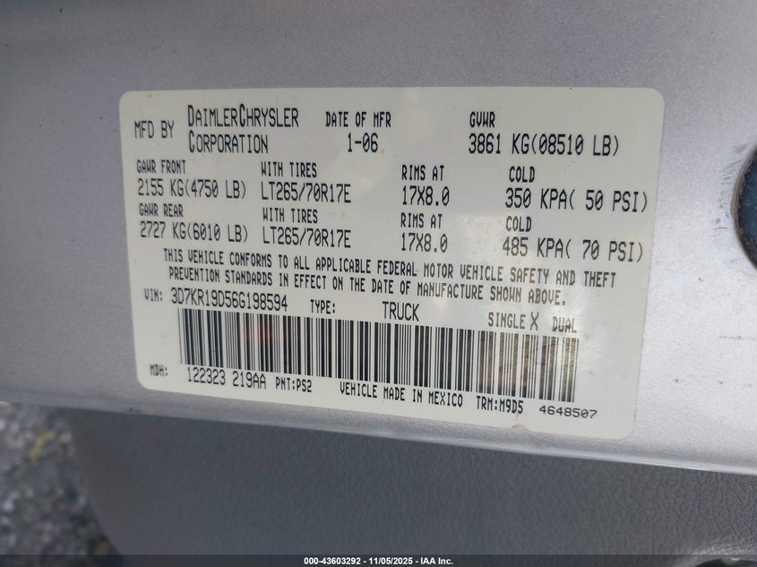 2006 Dodge Ram 1500 Slt VIN: 3D7KR19D56G198594 Lot: 43603292