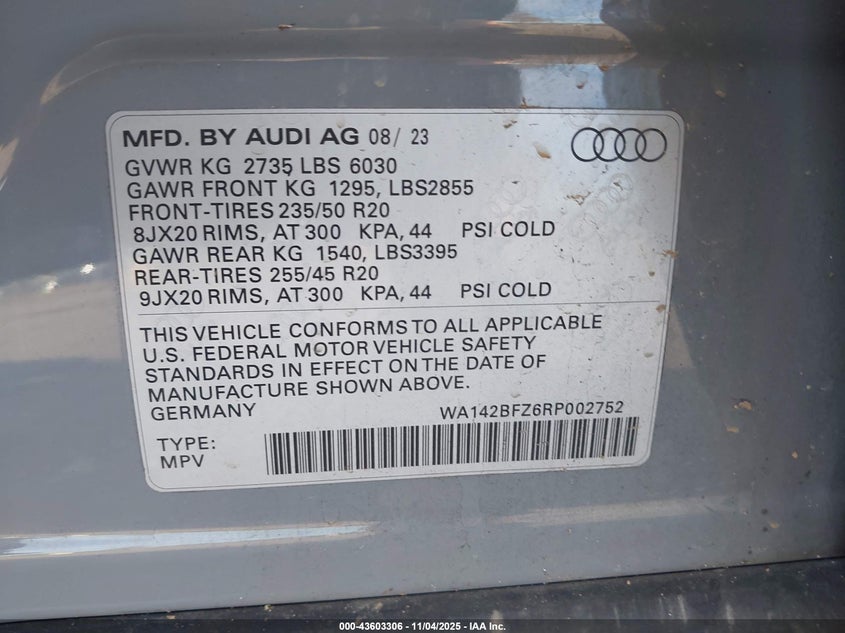 2024 AUDI Q4 SPORTBACK E-TRON PRESTIGE 50 QUATTRO - WA142BFZ6RP002752