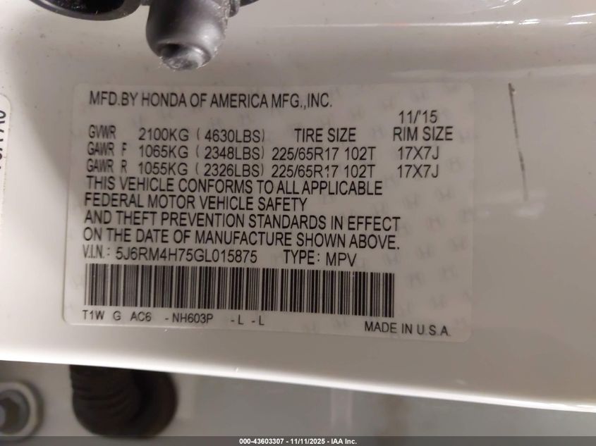 2016 Honda Cr-V Ex-L VIN: 5J6RM4H75GL015875 Lot: 43603307