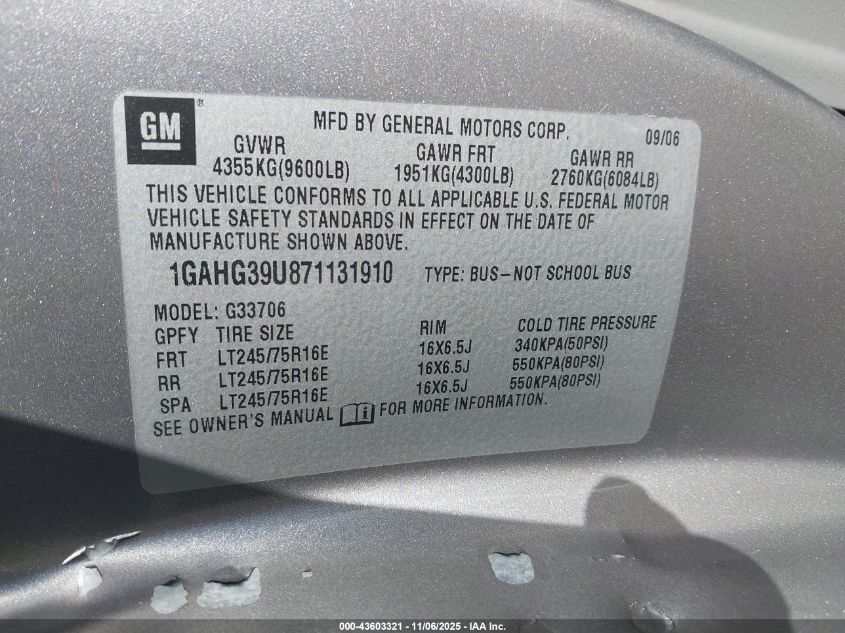 2007 Chevrolet Express Ls VIN: 1GAHG39U871131910 Lot: 43603321