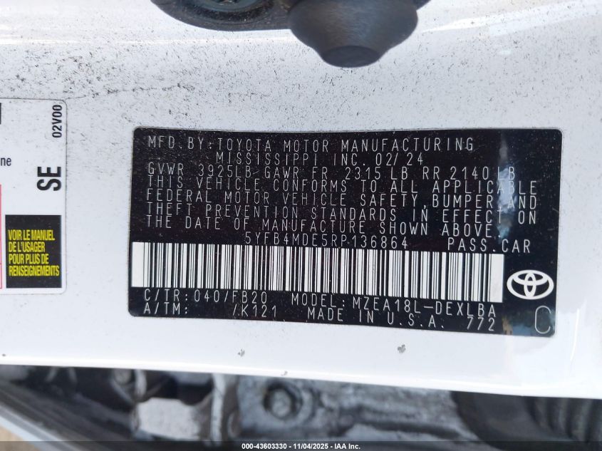 2024 Toyota Corolla Le VIN: 5YFB4MDE5RP136864 Lot: 43603330