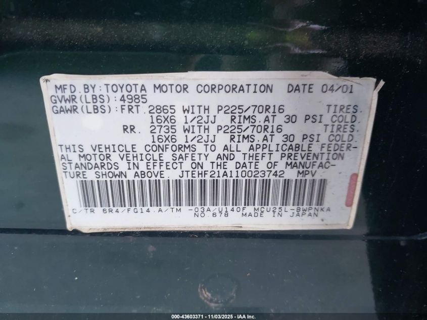 2001 Toyota Highlander V6 VIN: JTEHF21A110023742 Lot: 43603371