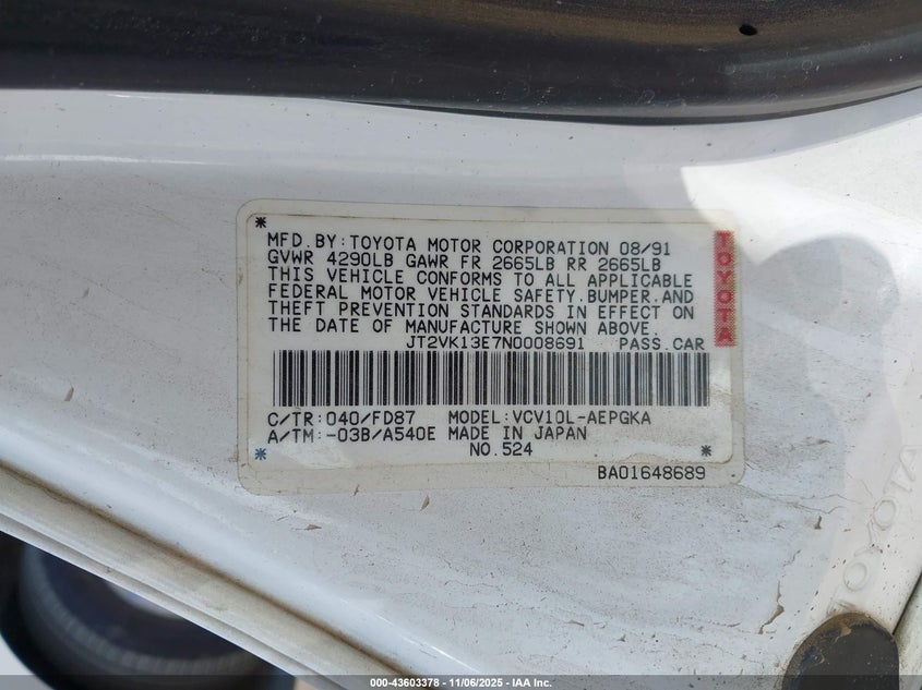 JT2VK13E7N0008691 1992 TOYOTA CAMRY photo no. 9