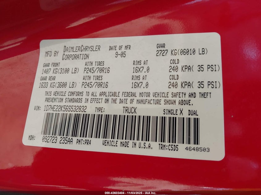 2006 Dodge Dakota St VIN: 1D7HE22K56S532832 Lot: 43603404