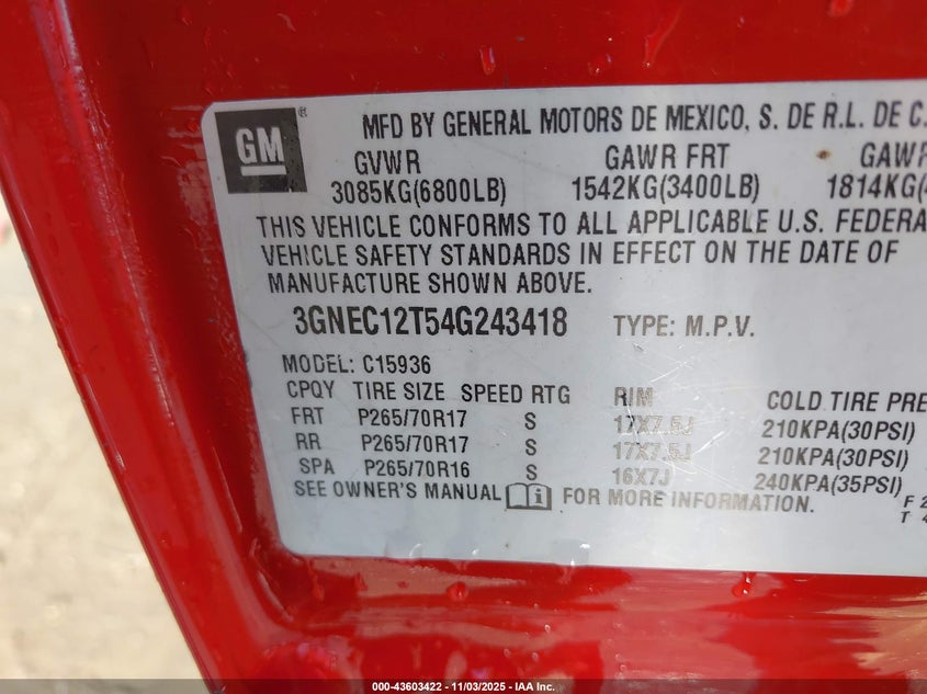 2004 Chevrolet Avalanche 1500 VIN: 3GNEC12T54G243418 Lot: 43603422