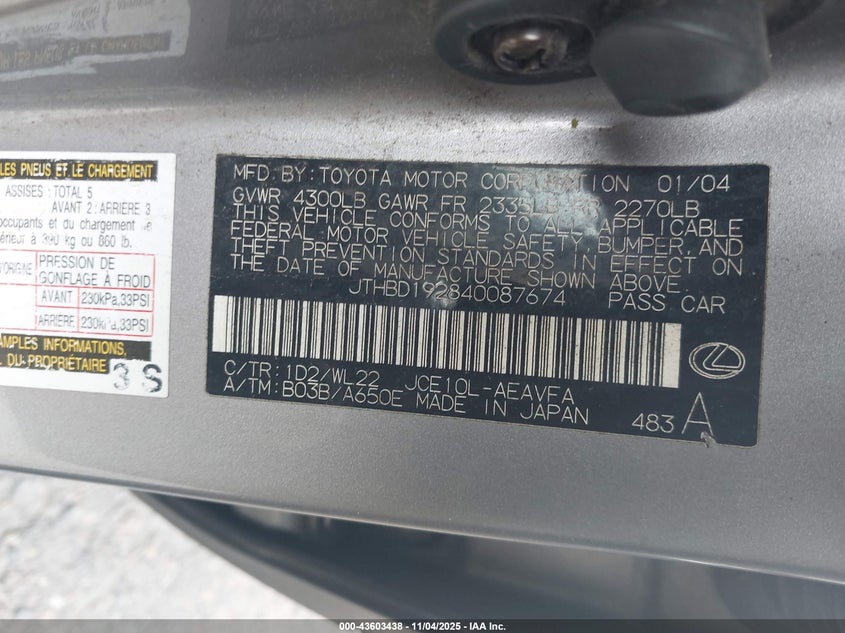 2004 Lexus Is 300 VIN: JTHBD192840087674 Lot: 43603438