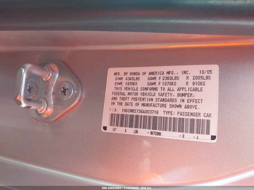 1HGCM82736A003716 2006 HONDA ACCORD photo no. 9