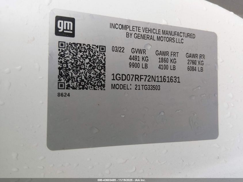 2022 GMC Savana Commercial Cutaway Work Van VIN: 1GD07RF72N1161631 Lot: 43603489