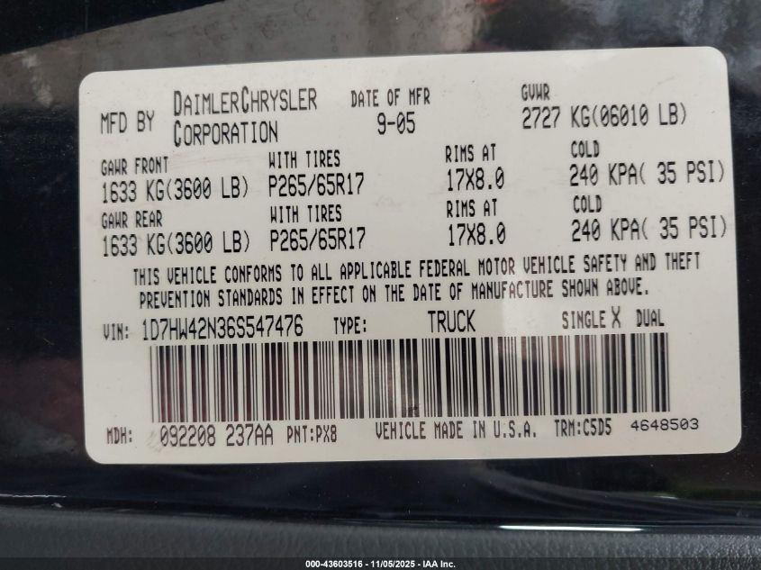 2006 Dodge Dakota Slt VIN: 1D7HW42N36S547476 Lot: 43603516