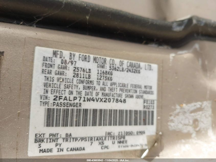 1997 Ford Crown Victoria Police Interceptor VIN: 2FALP71W4VX207848 Lot: 43603542