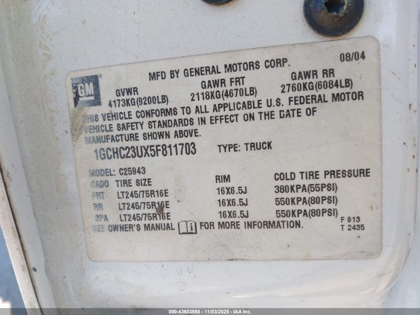 2005 Chevrolet Silverado 2500Hd Work Truck VIN: 1GCHC23UX5F811703 Lot: 43603568