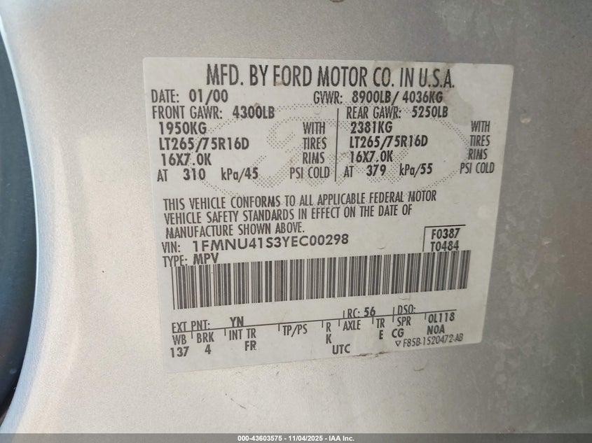 2000 Ford Excursion Xlt VIN: 1FMNU41S3YEC00298 Lot: 43603575