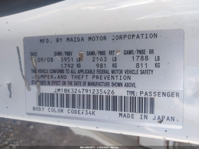 2009 Mazda Mazda3 S Sport VIN: JM1BK324791235426 Lot: 43603577