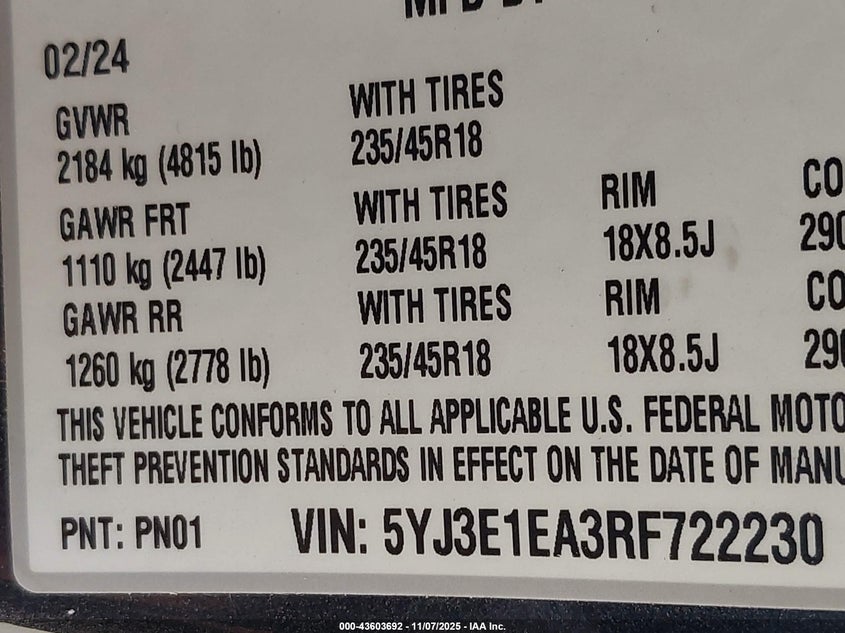 2024 Tesla Model 3 Long Range Dual Motor All-Wheel Drive/Rear-Wheel Drive VIN: 5YJ3E1EA3RF722230 Lot: 43603692
