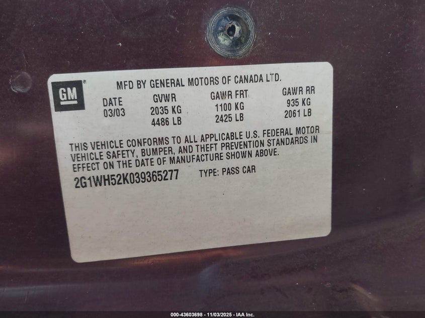 2003 Chevrolet Impala Ls VIN: 2G1WH52K039365277 Lot: 43603698