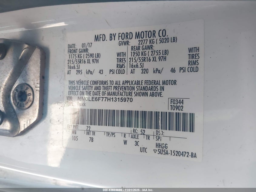 2017 Ford Transit Connect Xlt VIN: NM0LE6F77H1315970 Lot: 43603699