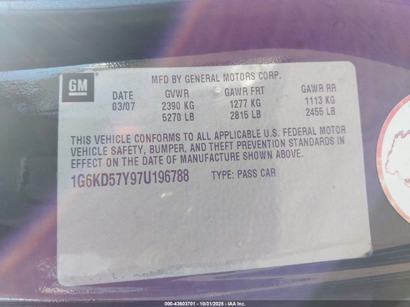 2007 Cadillac Dts Luxury Ii VIN: 1G6KD57Y97U196788 Lot: 43603701