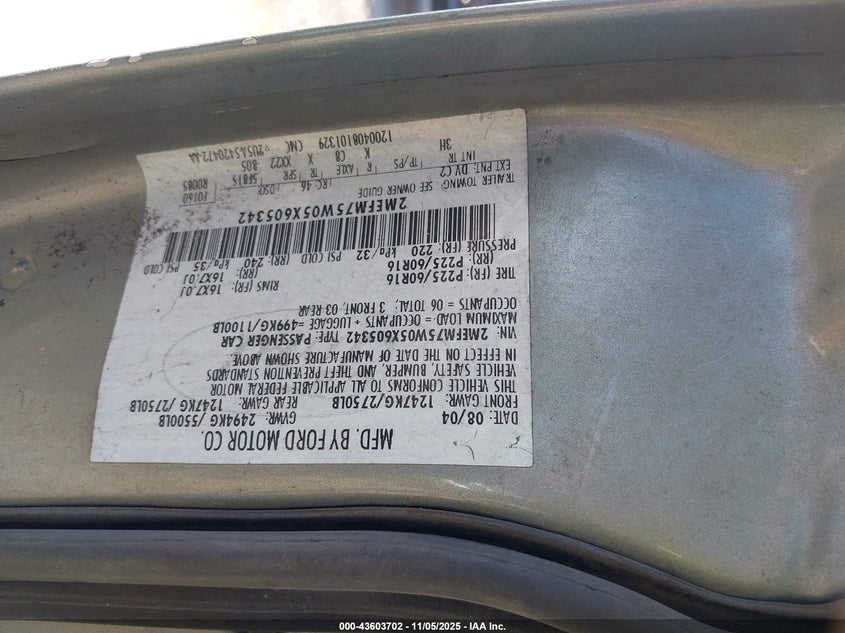 2005 Mercury Grand Marquis Ls/Lse VIN: 2MEFM75W05X605342 Lot: 43603702