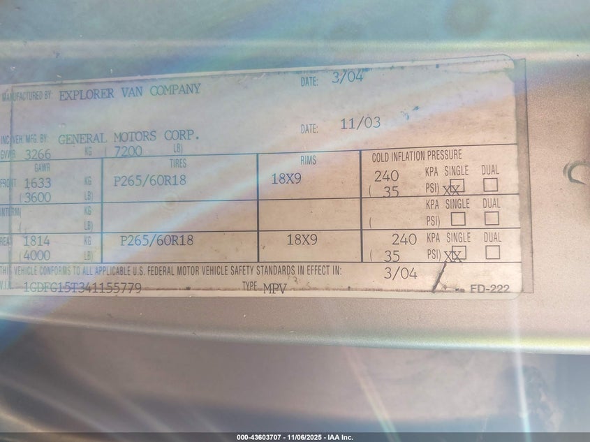 2004 GMC Savana Upfitter VIN: 1GDFG15T341155779 Lot: 43603707