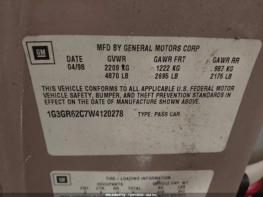 1998 Oldsmobile Aurora VIN: 1G3GR62C7W4120278 Lot: 43603732