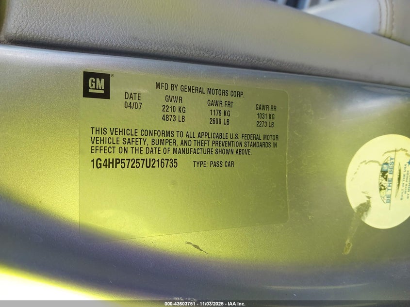 2007 Buick Lucerne Cx VIN: 1G4HP57257U216735 Lot: 43603751