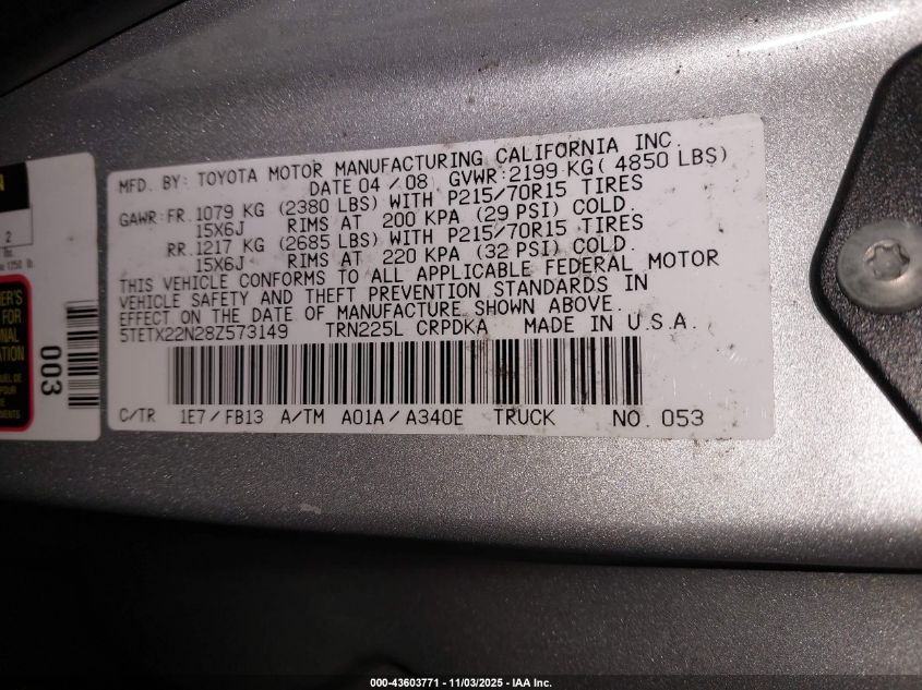 2008 Toyota Tacoma VIN: 5TETX22N28Z573149 Lot: 43603771