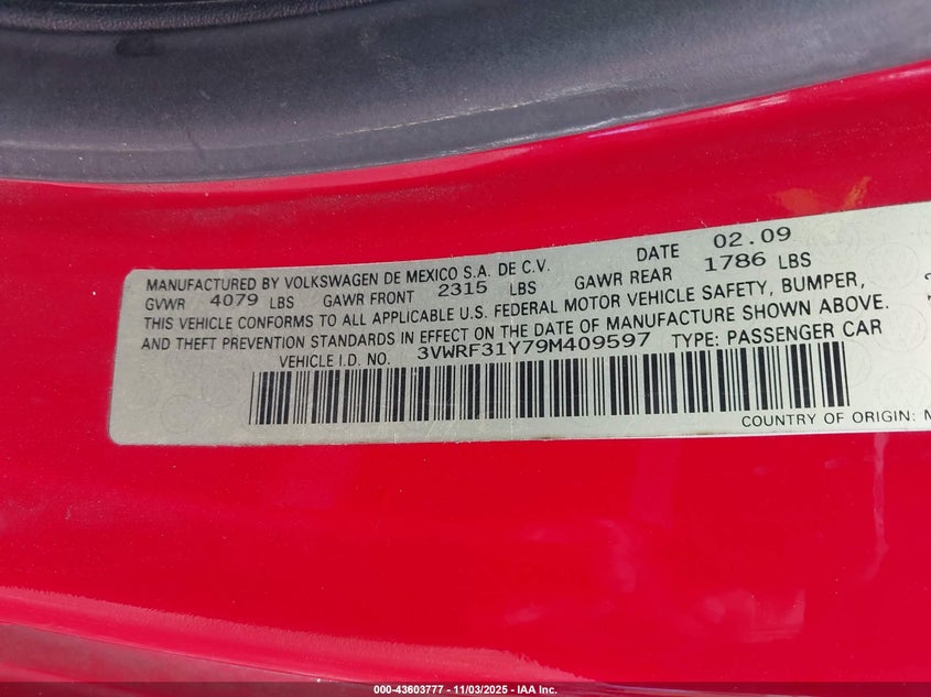 2009 Volkswagen New Beetle 2.5L VIN: 3VWRF31Y79M409597 Lot: 43603777