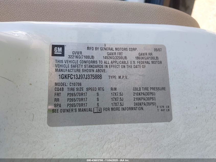 2007 GMC Yukon Sle VIN: 1GKFC13J97J375888 Lot: 43603786