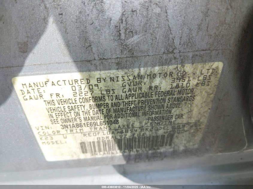 2009 Nissan Sentra 2.0Sl VIN: 3N1AB61E69L651048 Lot: 43603810